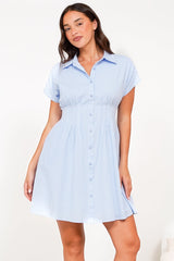 Lilla Mini Dress - Collared Buttoned Down A-Line Dress in Gingham Blue