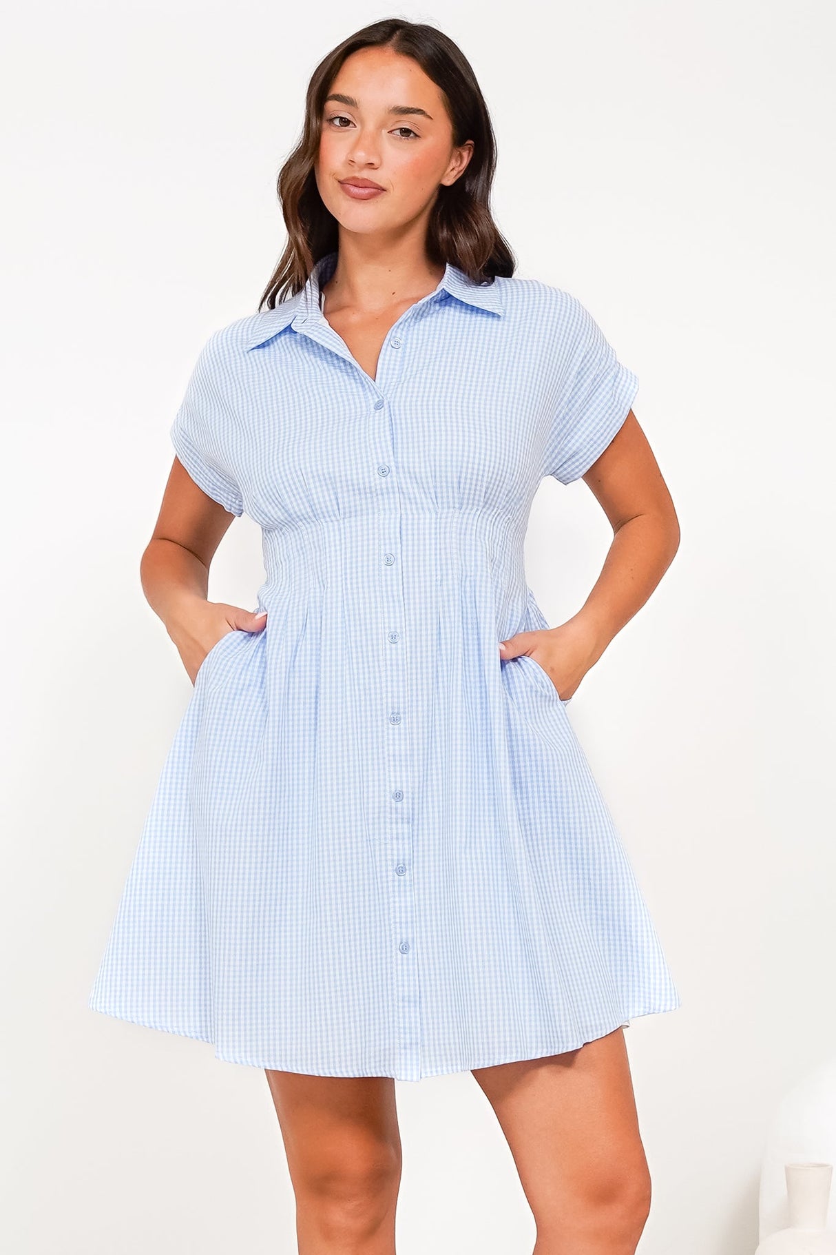 Lilla Mini Dress - Collared Buttoned Down A-Line Dress in Gingham Blue
