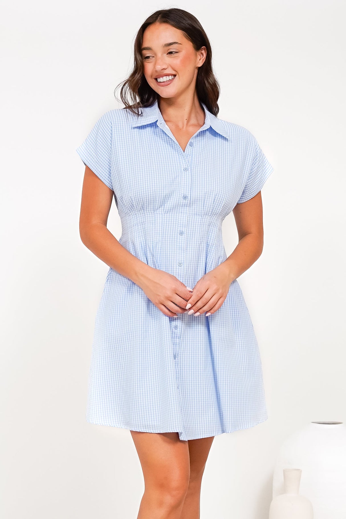 Lilla Mini Dress - Collared Buttoned Down A-Line Dress in Gingham Blue