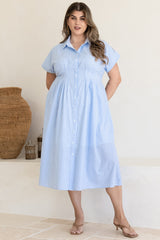 Lilla Midi Dress - Collared Buttoned Down A-Line Dress in Gingham Blue