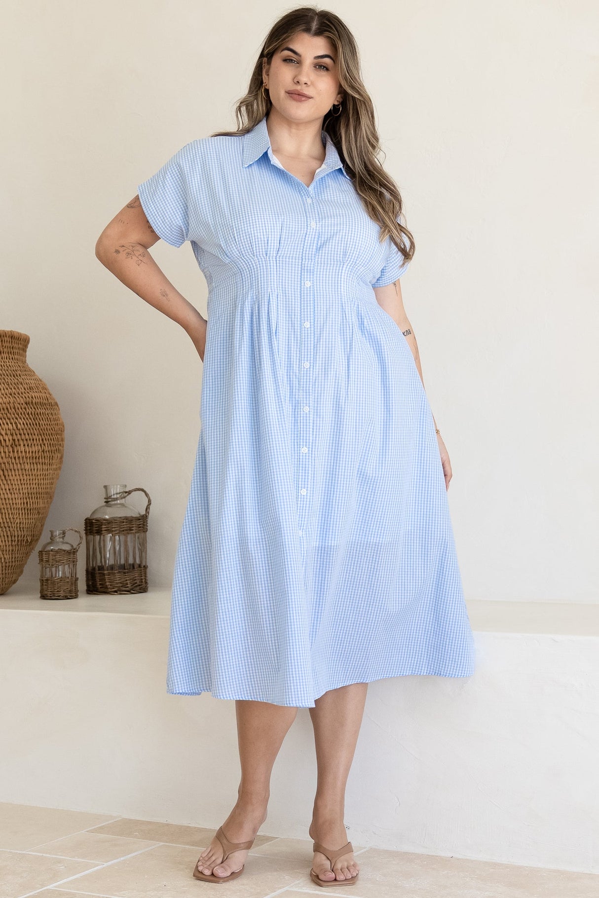 Lilla Midi Dress - Collared Buttoned Down A-Line Dress in Gingham Blue