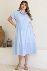 Lilla Midi Dress - Collared Buttoned Down A-Line Dress in Gingham Blue