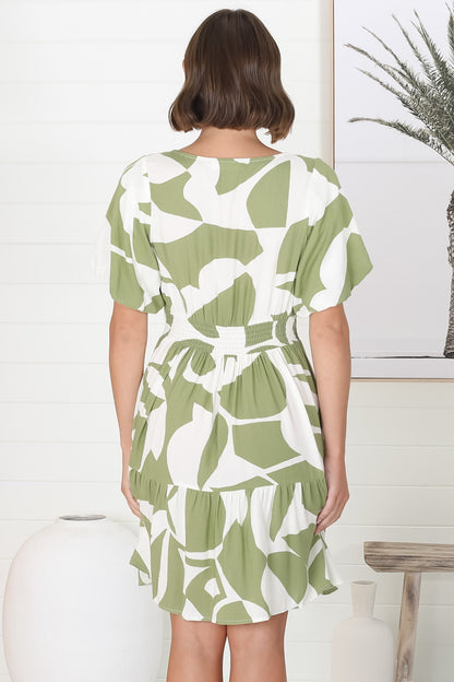 Lilly Mini Dress - Adjustable V Neckline Dress with Cap Sleeves in Azira Print Kiwi