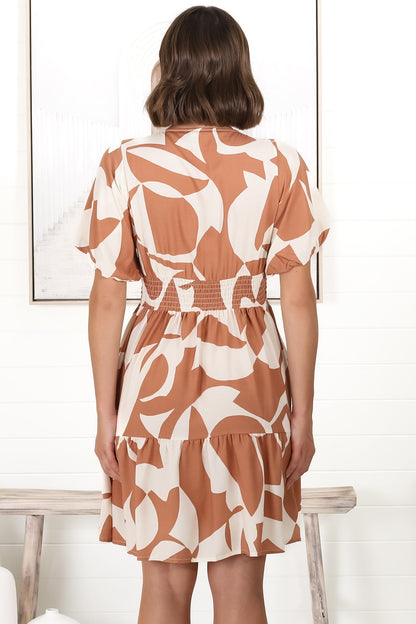 Lilly Mini Dress - Adjustable V Neckline Dress with Cap Sleeves in Azira Print Rust