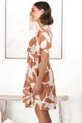 Lilly Mini Dress - Adjustable V Neckline Dress with Cap Sleeves in Azira Print Rust