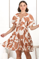 Lilly Mini Dress - Adjustable V Neckline Dress with Cap Sleeves in Azira Print Rust