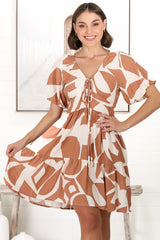 Lilly Mini Dress - Adjustable V Neckline Dress with Cap Sleeves in Azira Print Rust