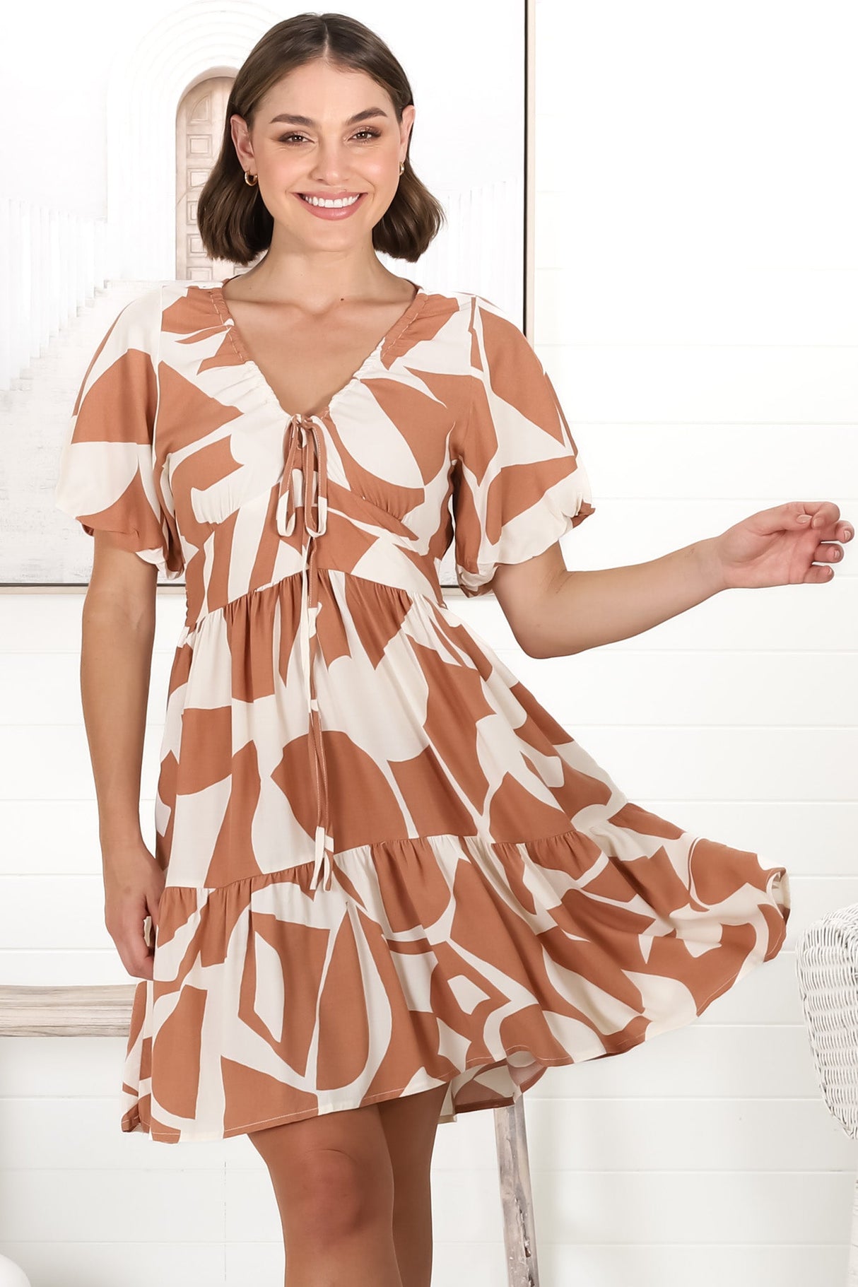 Lilly Mini Dress - Adjustable V Neckline Dress with Cap Sleeves in Azira Print Rust