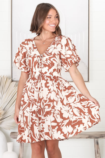 Lilly Mini Dress - Adjustable V Neckline Dress with Cap Sleeves in Charis Print Rust