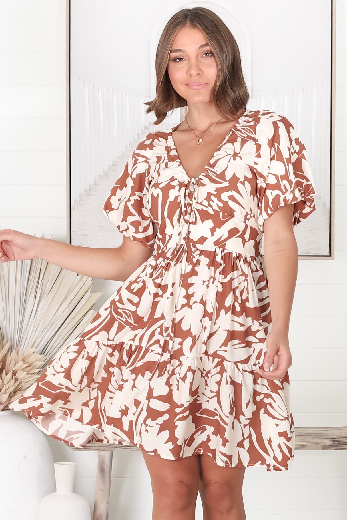 Lilly Mini Dress - Adjustable V Neckline Dress with Cap Sleeves in Charis Print Rust