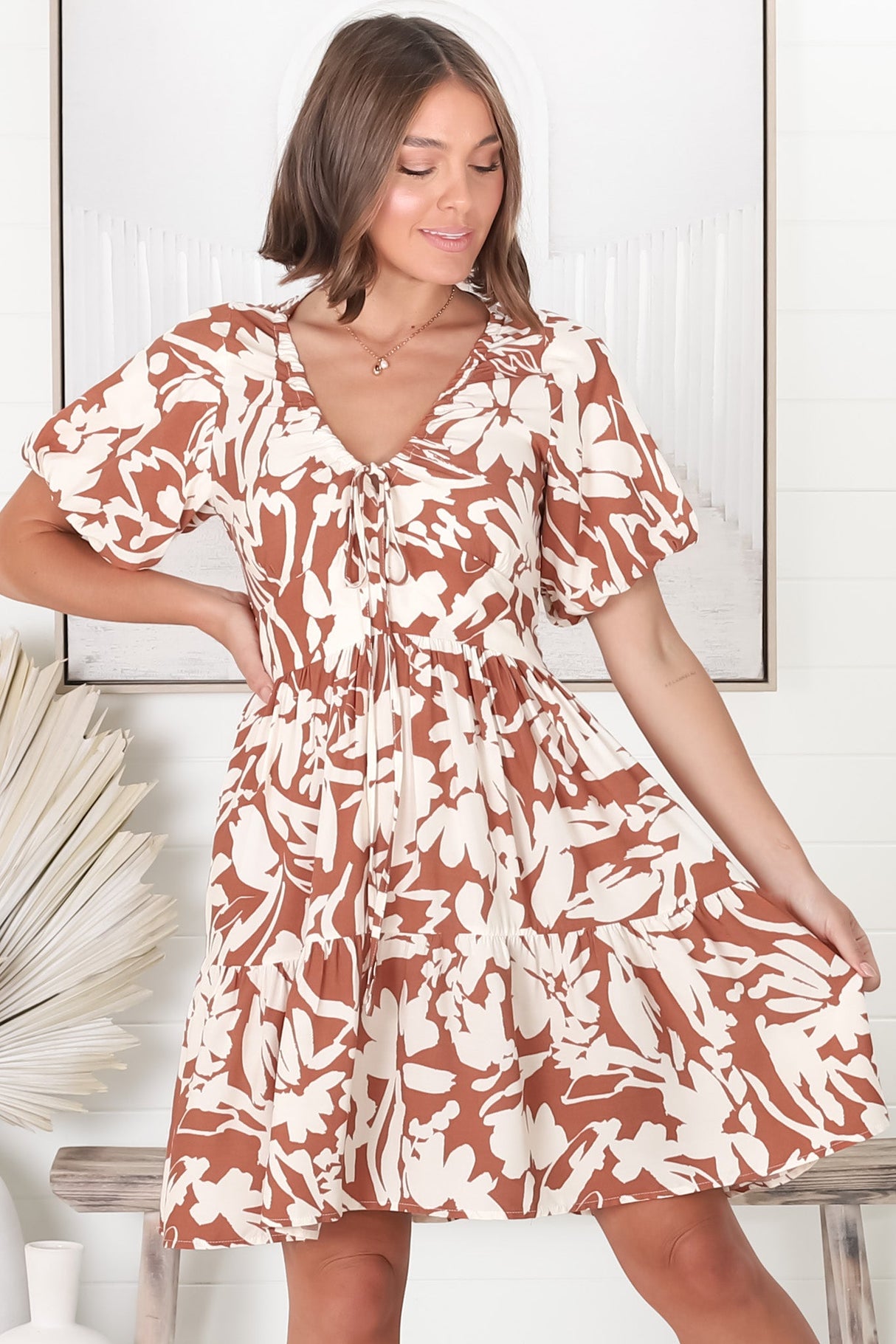 Lilly Mini Dress - Adjustable V Neckline Dress with Cap Sleeves in Charis Print Rust