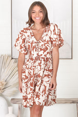 Lilly Mini Dress - Adjustable V Neckline Dress with Cap Sleeves in Charis Print Rust