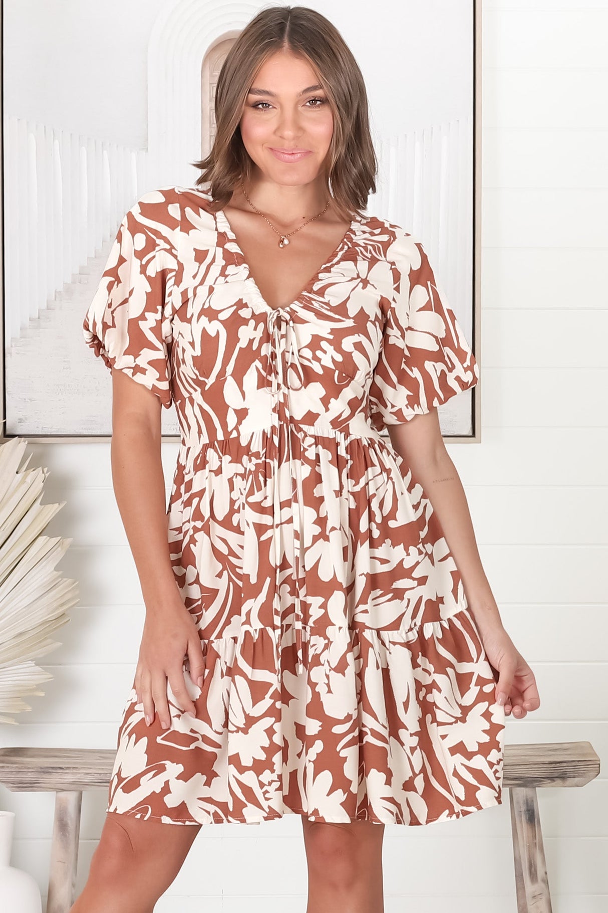 Lilly Mini Dress - Adjustable V Neckline Dress with Cap Sleeves in Charis Print Rust