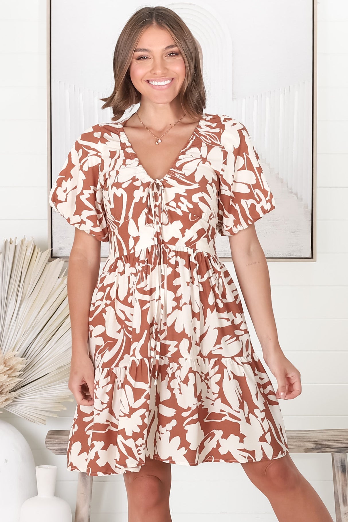 Lilly Mini Dress - Adjustable V Neckline Dress with Cap Sleeves in Charis Print Rust