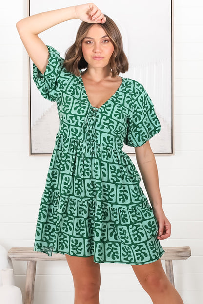 Lilly Mini Dress - Adjustable V Neckline Dress with Cap Sleeves in Davey Print Green