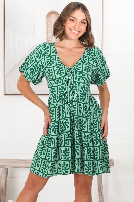 Lilly Mini Dress - Adjustable V Neckline Dress with Cap Sleeves in Davey Print Green