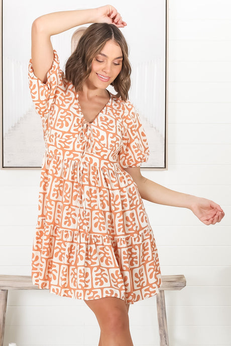 Lilly Mini Dress - Adjustable V Neckline Dress with Cap Sleeves in Davey Print Orange