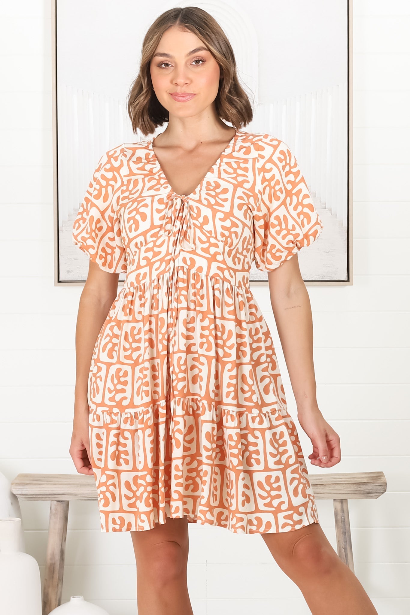 Lilly Mini Dress - Adjustable V Neckline Dress with Cap Sleeves in Davey Print Orange