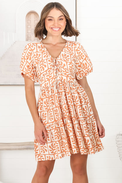 Lilly Mini Dress - Adjustable V Neckline Dress with Cap Sleeves in Davey Print Orange