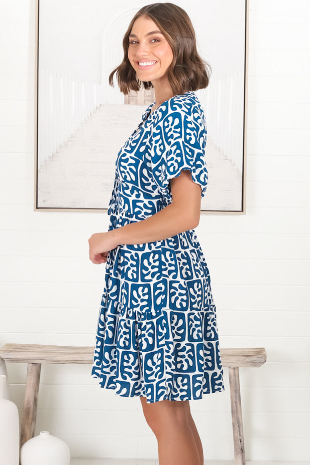 Lilly Mini Dress - Adjustable V Neckline Dress with Cap Sleeves in Davey Print Blue