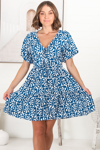 Lilly Mini Dress - Adjustable V Neckline Dress with Cap Sleeves in Davey Print Blue