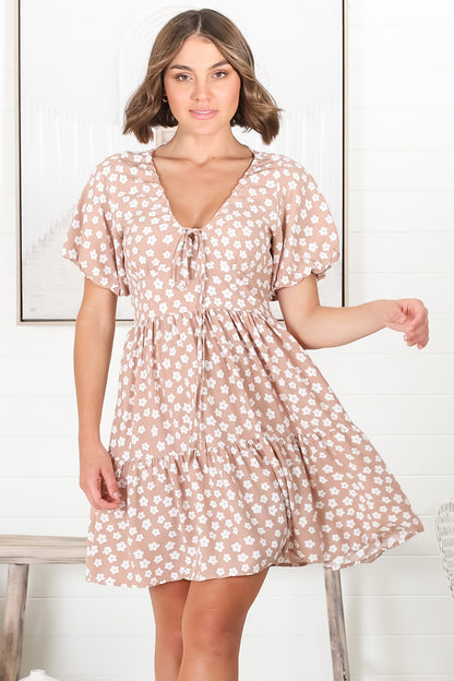 Lilly Mini Dress - Adjustable V Neckline Dress with Cap Sleeves in Gellina Print Fawn