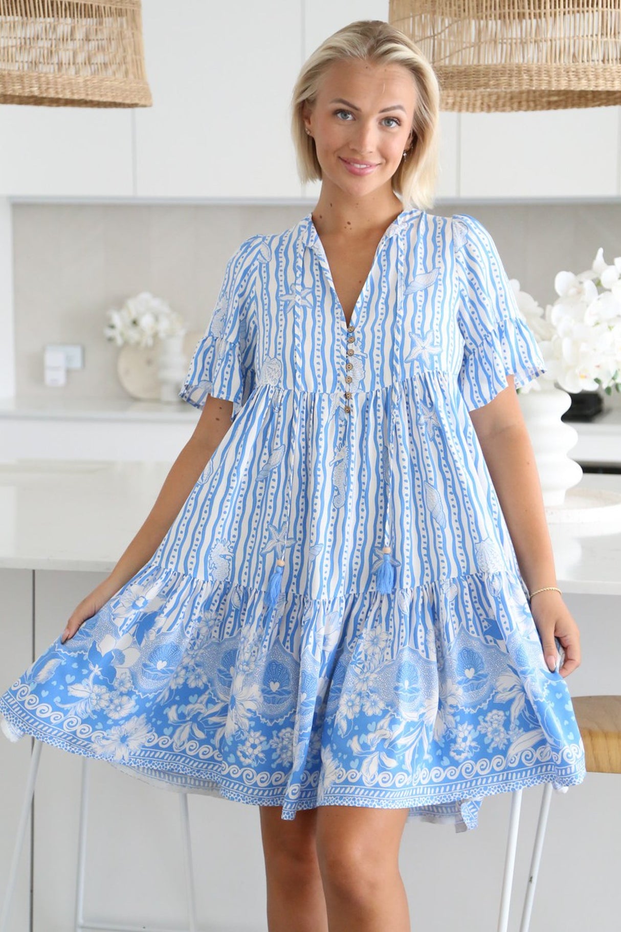 Lilou Mini Dress - Flute Sleeve Tiered Smock Dress in Ailsa Print