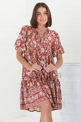 Lilou Mini Dress - Pull Over Dress With Buttoned Bodice in Anissa Print Rust