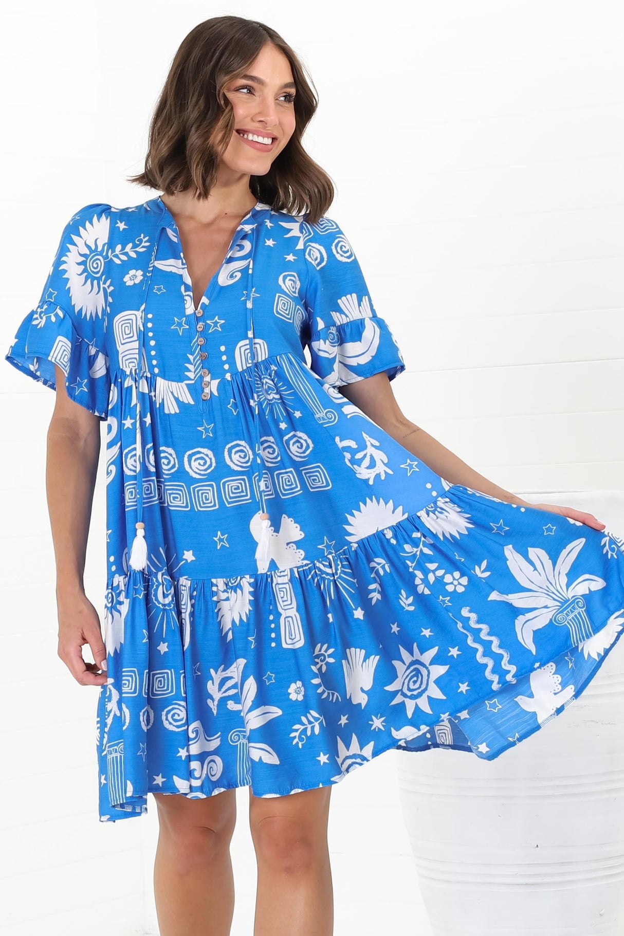 Lilou Mini Dress - Flute Sleeve Tiered Smock Dress in Aurie Print