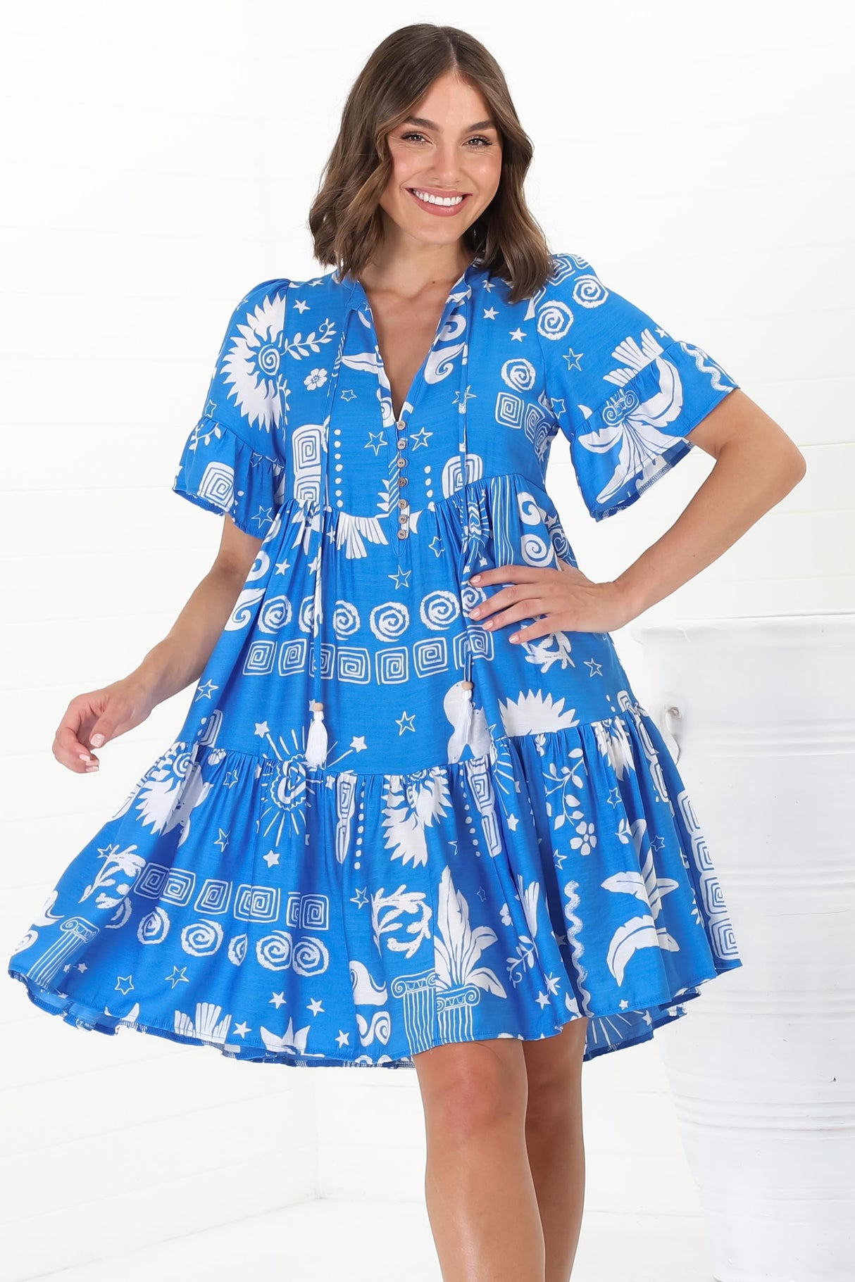 Lilou Mini Dress - Flute Sleeve Tiered Smock Dress in Aurie Print