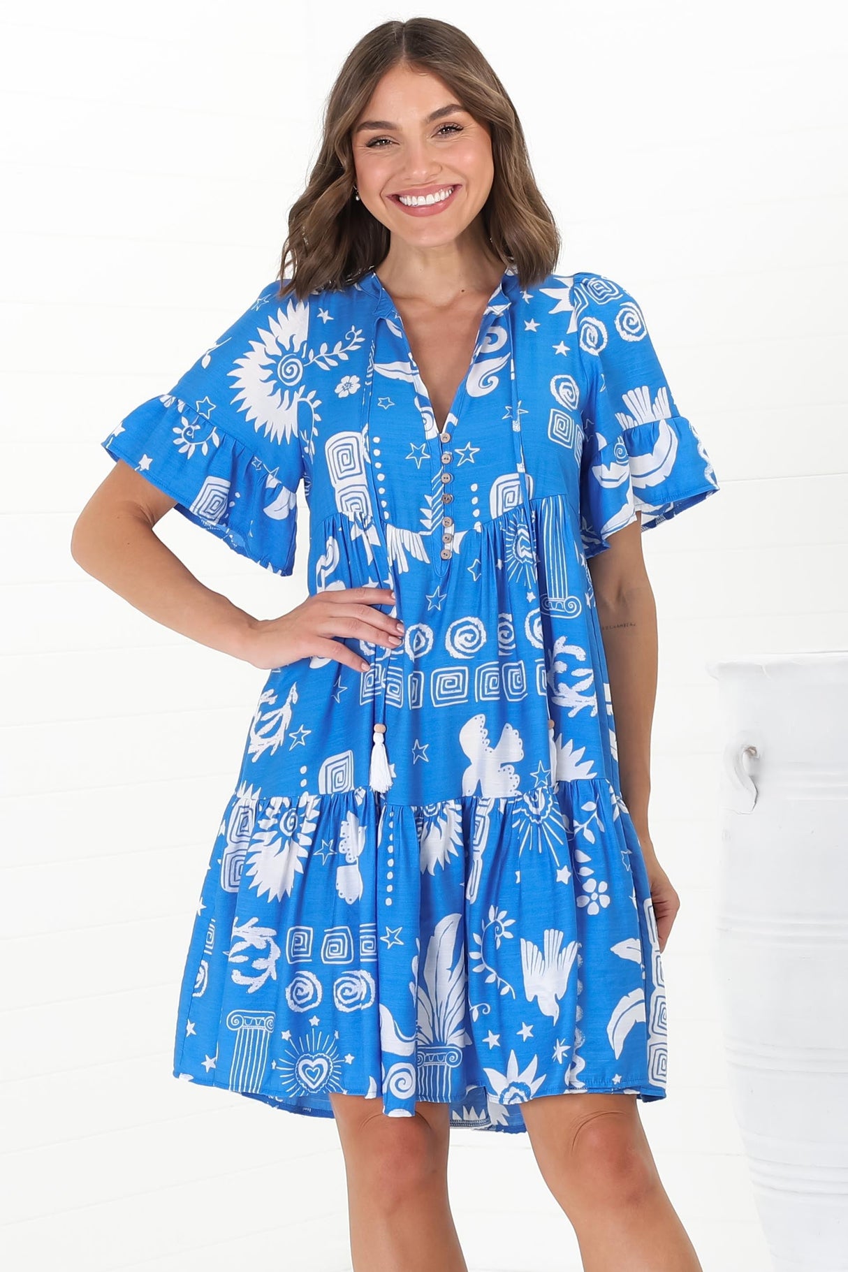 Lilou Mini Dress - Flute Sleeve Tiered Smock Dress in Aurie Print