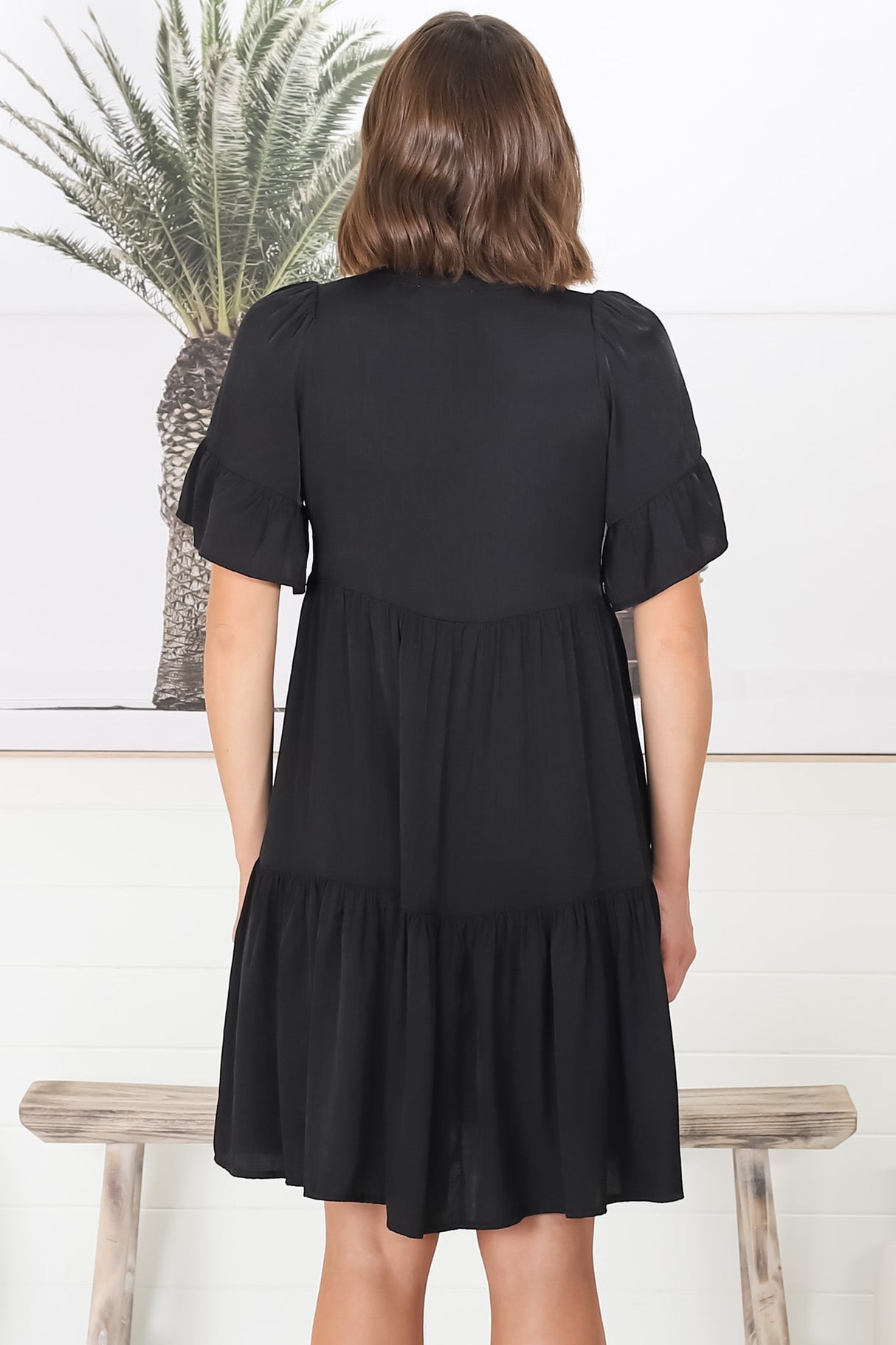 Lilou Mini Dress - Smock Mini Dress with V Neckline in Black