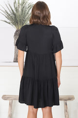 Lilou Mini Dress - Smock Mini Dress with V Neckline in Black