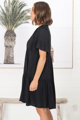 Lilou Mini Dress - Smock Mini Dress with V Neckline in Black