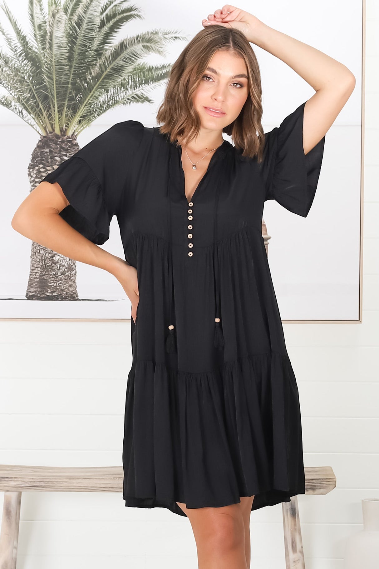 Lilou Mini Dress - Smock Mini Dress with V Neckline in Black