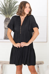 Lilou Mini Dress - Smock Mini Dress with V Neckline in Black