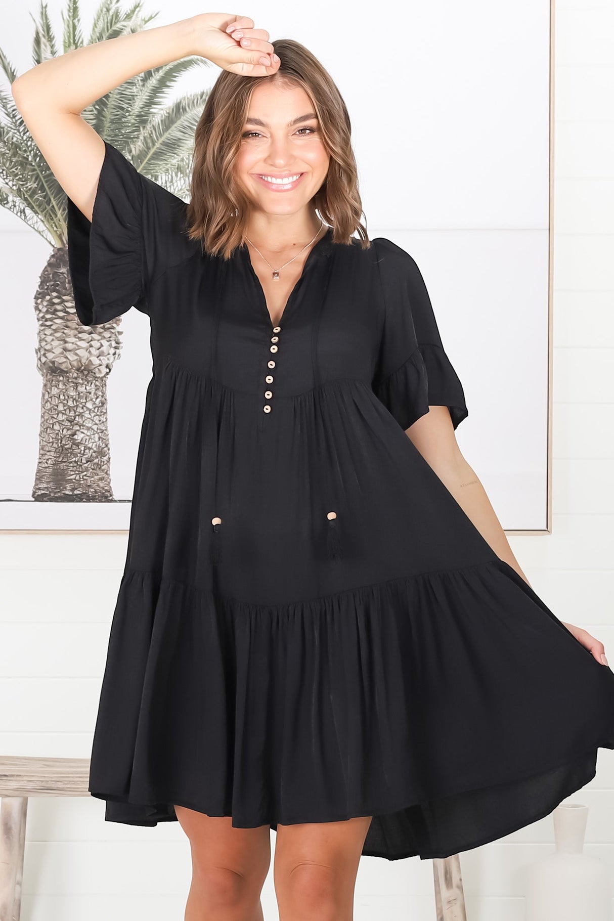 Lilou Mini Dress - Smock Mini Dress with V Neckline in Black