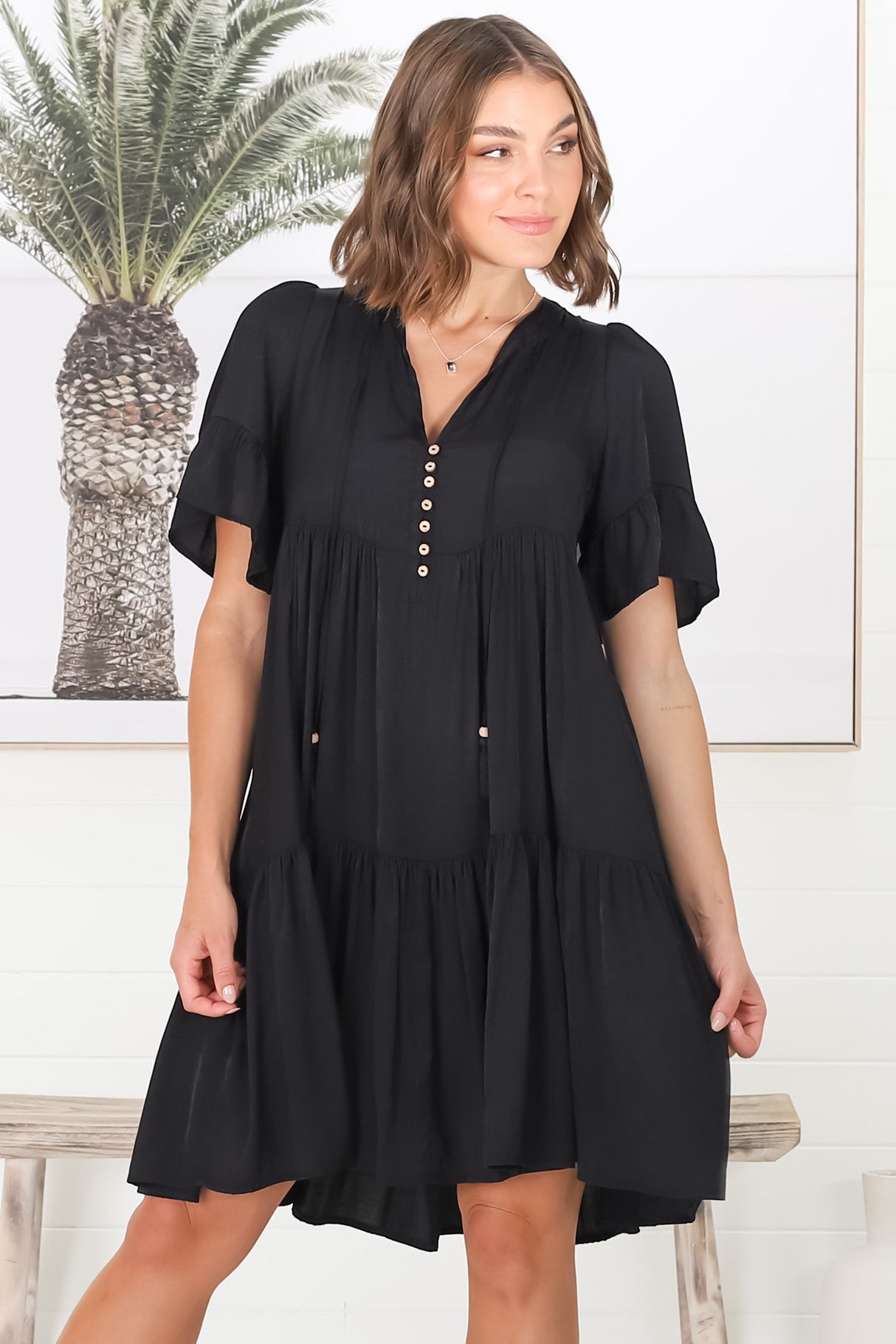 Lilou Mini Dress - Smock Mini Dress with V Neckline in Black