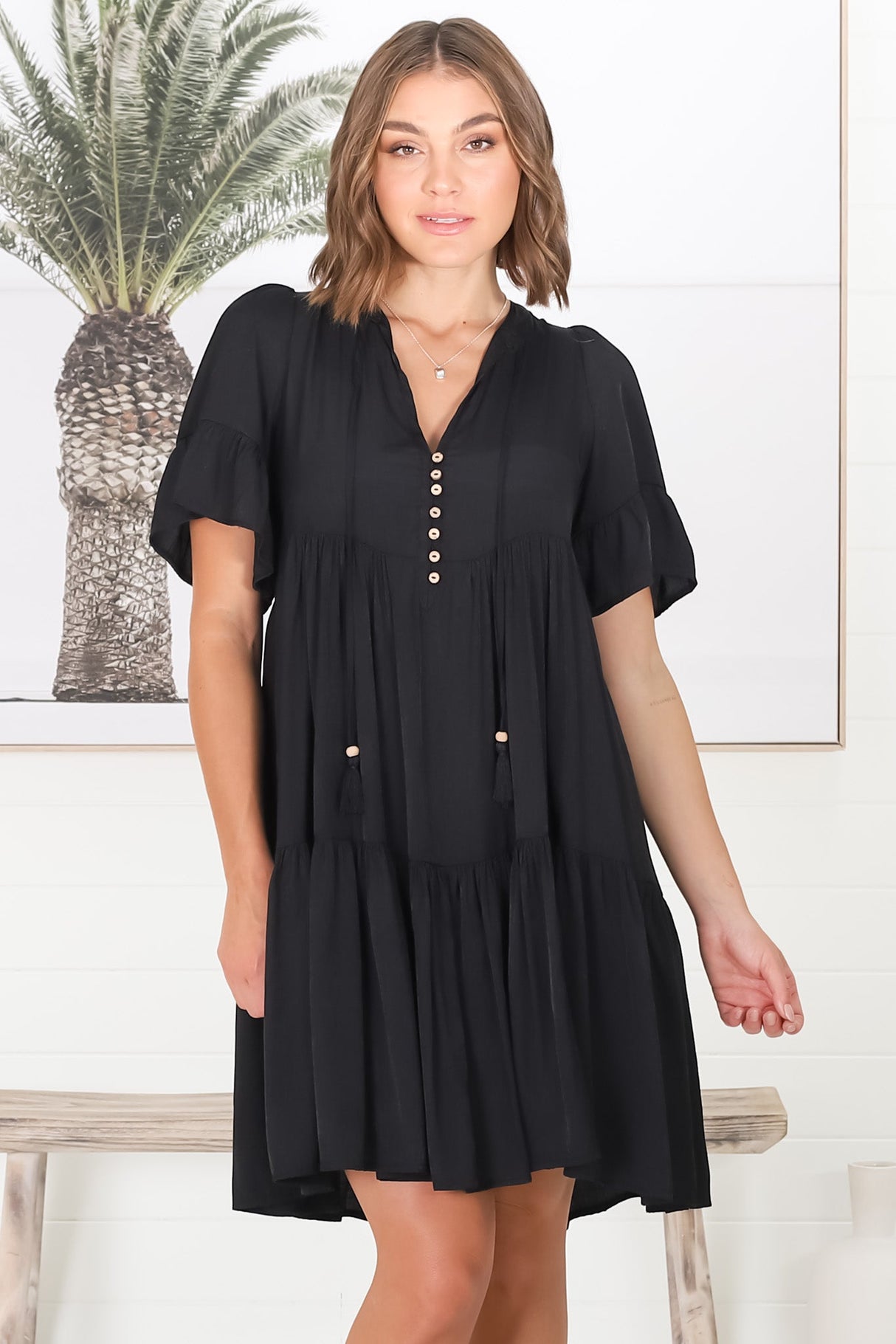 Lilou Mini Dress - Smock Mini Dress with V Neckline in Black