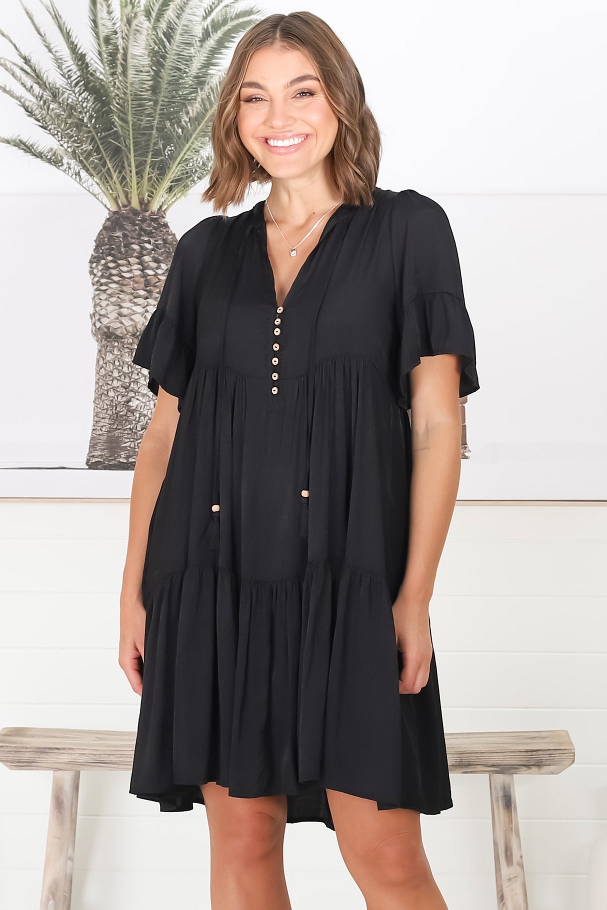 Lilou Mini Dress - Smock Mini Dress with V Neckline in Black