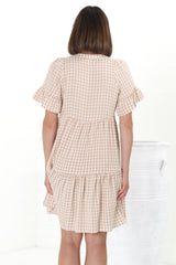 Lilou Mini Dresss - Pull Over Dress With Buttoned Bodice in Didi Print Beige