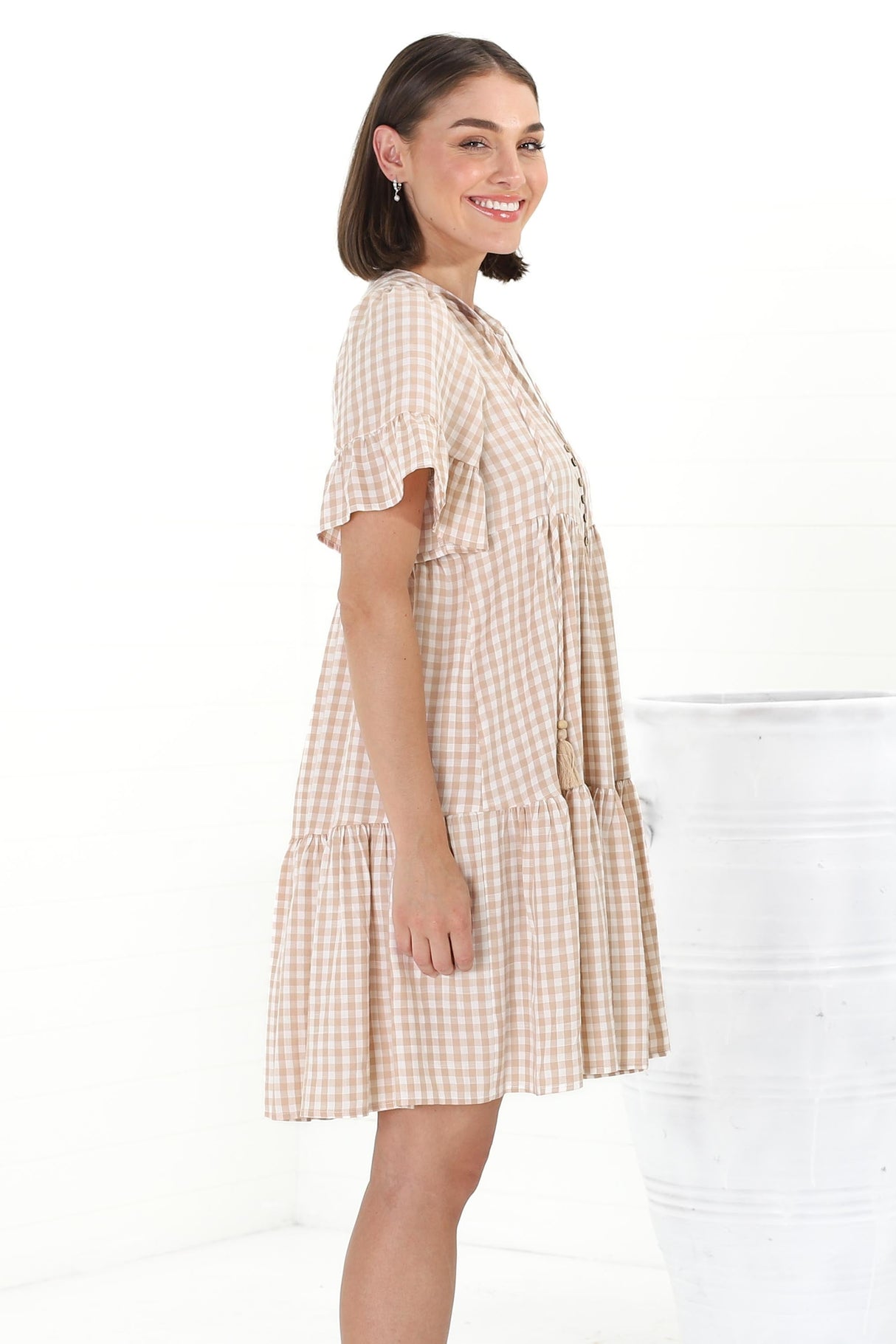 Lilou Mini Dresss - Pull Over Dress With Buttoned Bodice in Didi Print Beige