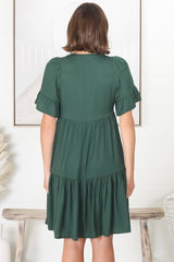 Lilou Mini Dress -Smock Mini Dress with V Neckline in Emerald