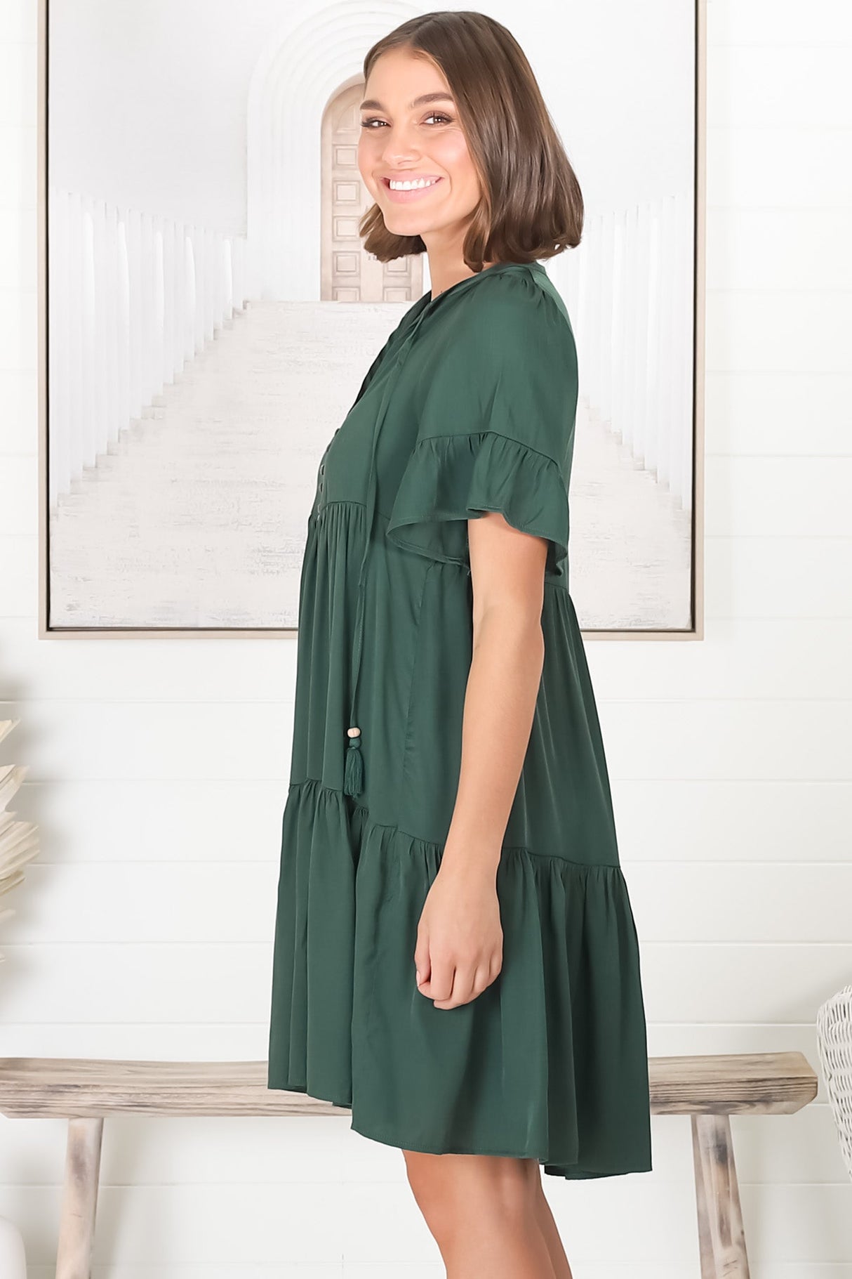 Lilou Mini Dress -Smock Mini Dress with V Neckline in Emerald