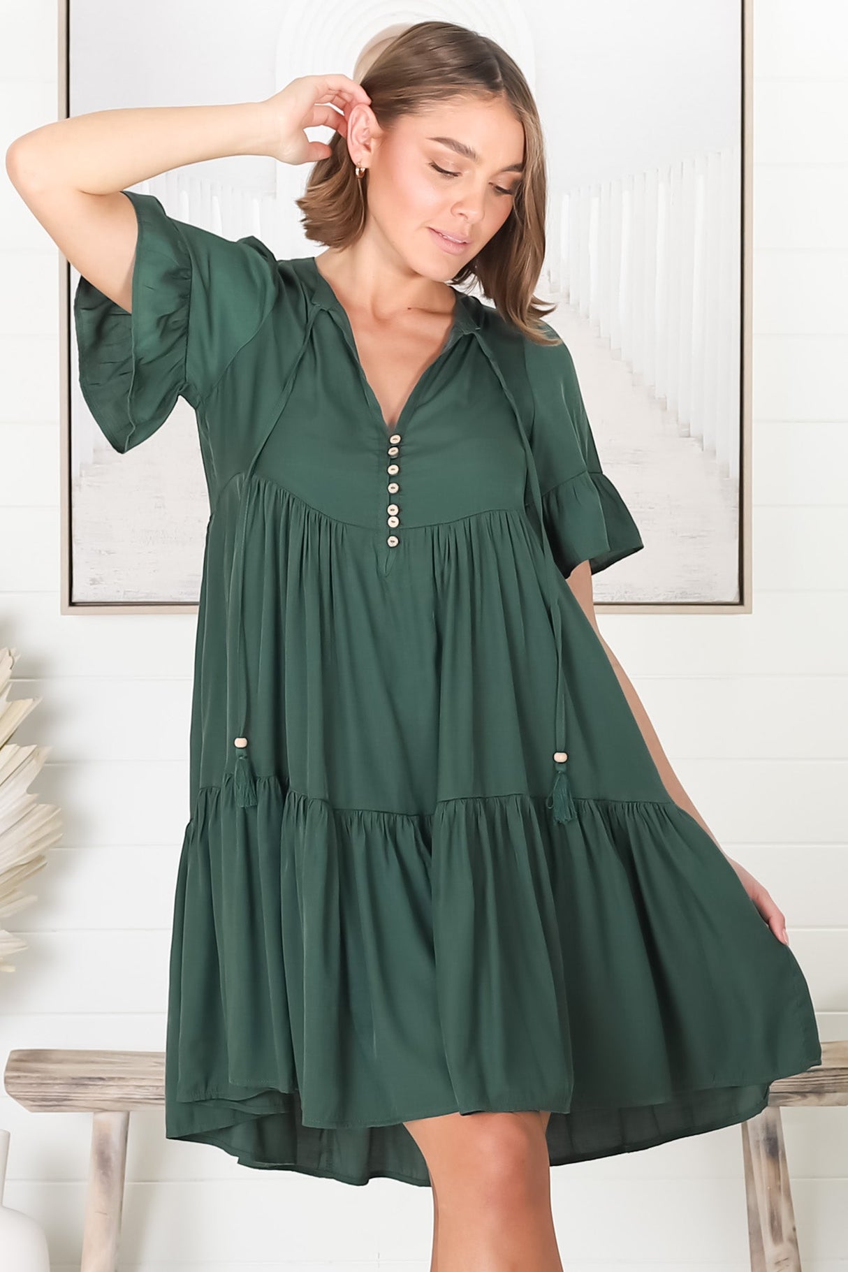 Lilou Mini Dress -Smock Mini Dress with V Neckline in Emerald