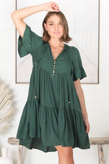 Lilou Mini Dress -Smock Mini Dress with V Neckline in Emerald