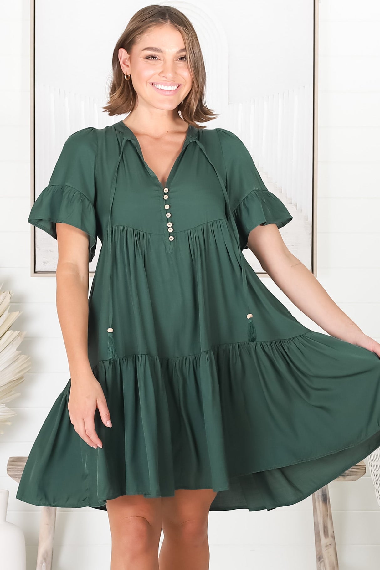 Lilou Mini Dress -Smock Mini Dress with V Neckline in Emerald