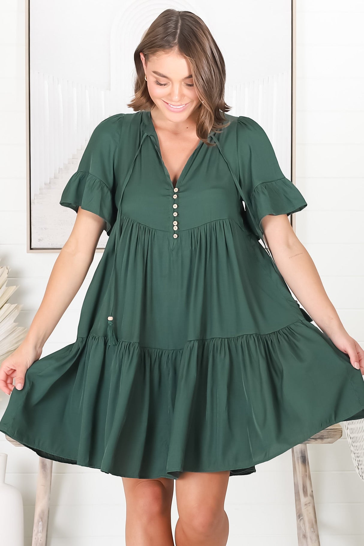 Lilou Mini Dress -Smock Mini Dress with V Neckline in Emerald