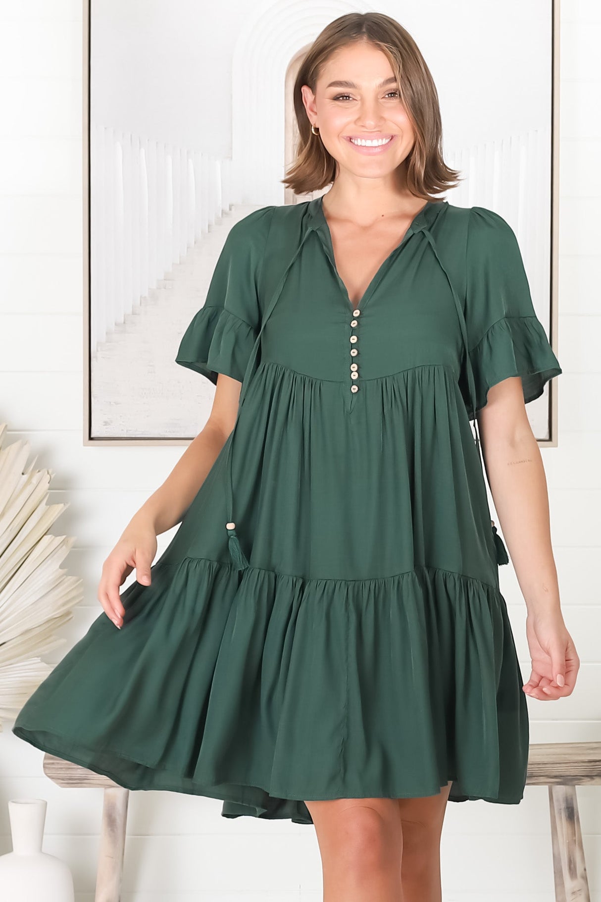 Lilou Mini Dress -Smock Mini Dress with V Neckline in Emerald