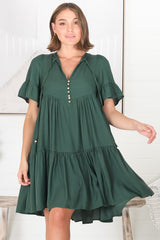 Lilou Mini Dress -Smock Mini Dress with V Neckline in Emerald